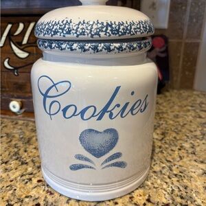 Vintage Blue Heart Spongeware Cookie Jar Canister